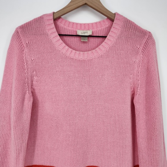 LOFT Womens Colorblock Crewneck Sweater Size L Pink Orange Cotton Capsule Preppy - Picture 2 of 6